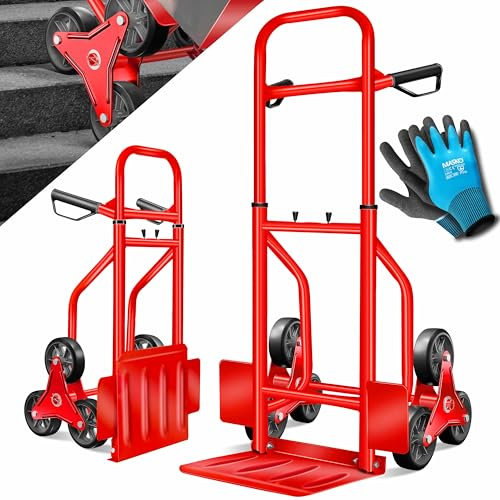 MASKO® Treppenkarre Sackkarre 200kg Transportkarre Treppensteiger Stapelkarre,klappbar Treppensackkarre Hartgummireifen| Kunststoff Griffe | Stahl Rahmen | 3-Fach Sternräder |Inkl. Handschuhe, Rot