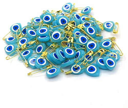 Perlin Nazar Boncuk mit Sicherheitsnadel Böser Blick Glücksbringer Talisman Herz Blaues Auge Evil Eye zum Verschenken als Mitgebsel zur Geburt Taufe Hochzeit 100 Stück (Türkis Blau)