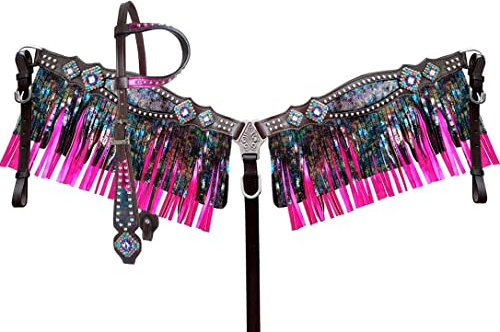 Showman Lederhalfter und Brusthalsband-Set mit Regenbogen-Metallic-Einlagen und Fransen, Dunkelbraun/Regenbogen, durchschnittliches Pferd in voller Größe