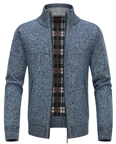 KUDORO Cardigan Gilet Homme Pull Homme Cardigan en Tricot Chandail Zippé Chaud Cardigan Épais avec Col Montant Tricot Décontractée Polaire Men Sweater Mode Vest(Bleu,XL)