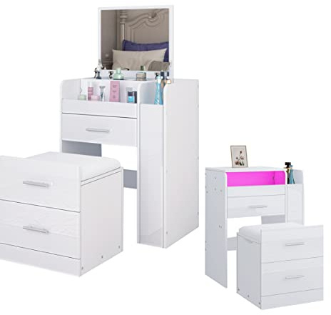 Bestwanted Schminktisch-Set mit LED-Lichtern, 90° Klappspiegel, 3 Schubladen & gepolstertem Hocker, Weiß, moderner Make-up-Schreibtisch für Mädchenzimmer