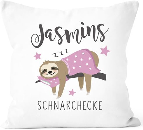 MoonWorks SpecialMe® Kissen-Bezug personalisiert Schnarchecke mit Namen Faultier persönliche Geschenke Frauen Kinder lustig Weiss 40cm x 40cm