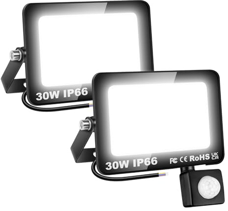 SKYWORLD 2 Pcs 30W Projecteur LED Extérieur avec Détecteur de Mouvement | 3000LM Spot LED Extérieur, IP66 Étanche Éclairage de Sécurite Lampe pour Patio Garage Jardin Cour Terrasse, 6000K Blanc Froid