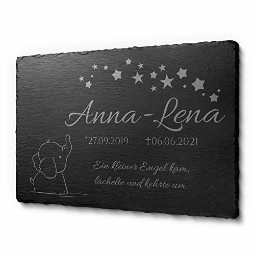 CHRISCK design Personalisierte Grabplatte für Sternenkinder aus Schiefer - Grabschmuck Sternenkind mit persönlicher Gravur & Motiven - wetterfest - besonderes Andenken an geliebtes Kind