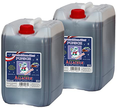 Allacher Glühwein - Zwetschgen Zimt Punsch 10% vol. trinkfertig - 2x10L (20 Liter) Kanister - Großmenge ideal für Weihnachtsmarkt, Christkindlmarkt, Adventmarkt - Winter Heißgetränk - Früchte Punsch