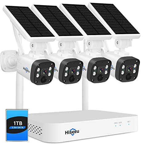 【100% Senza Fili+10CH】Hiseeu 4MP Kit Videosorveglianza WiFi Solare Esterno, 10CH NVR 1TB HDD 4X4MP Telecamera Senza Fili Solare, Visione Notturna a Colori, Rilevamento PIR Allarme Vista Remota Alexa
