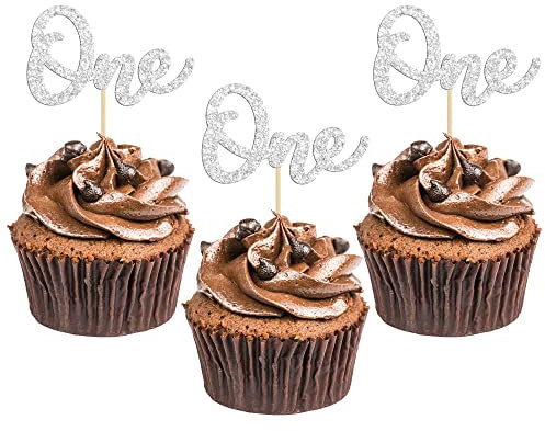 Gyufise 24Pcs First Birthday Cupcake Toppers Glitter One Cupcake Pick Decorations Baby Shower 1st Birthday Cake Decorations Party Supplies Silver
