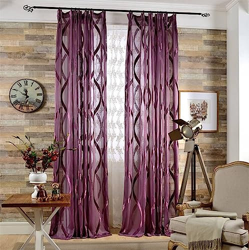 Mesnt Voile Vorhang mit Ösen, Transparenter Vorhang mit gestricktem Unendlichkeitssymbol-Muster, halbtransparent aus Polyester, Lila-Ösen, 140x215CM-2 STÜCK