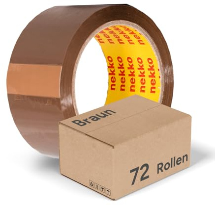nekko 72 Rollen Paketklebeband Braun- Starke Klebekraft, Kein Einreißen, Leises Abrollen - Packband Verpackungsband - 50mm x 66m Klebeband