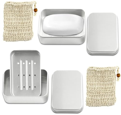 Paquete de 2 jaboneras de aluminio con tapa, estante de goteo y bolsas de jabón de sisal, resistentes al óxido, caja de jabón de viaje, caja de jabón de metal adecuada para todos los jabones sólidos