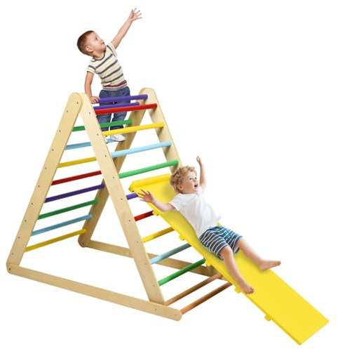 Maxmass 2 in 1 Kids Climbing Ladder, Wooden Children Climber with Removable Ramp, Indoor Folding Toddler Gym Activity Center for Climbing, Sliding (Colorful)