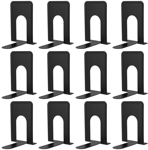 YUENPUN 12 PCS/6 Pairs Heavy Duty Metal Bookends, Black Book Ends with Anti Slip Base, Book Holder for Shelves, Office, Home, School, Library
