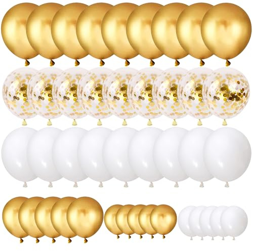 80 Stück Luftballons Metallic Gold Weiß, Weiss Gold Konfetti Balloons Geburtstag Luftballon Helium Ballons Latex Luftballons für Hochzeit Babyparty Verlobung Party Dekoration