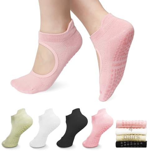 Halinuia 4 paia Calzini Antiscivolo Donna Pilates 35-40, Calze Sportivi Grip Socks Yoga Accessori, Comodi Elastici, per Ginnastica Esercizi Sport Balletto Danza Fitness(Colore A)