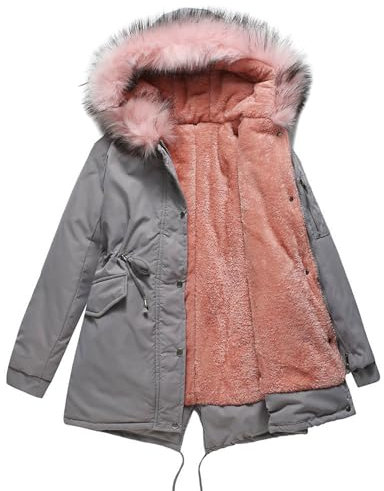 CUTTE Dicke Damen Jagdjacke Winter-Fleece-Mäntel Kapuzenmantel für Kaltes Wetter Mittellange Pufferjacke Mäntel,Gray,XL