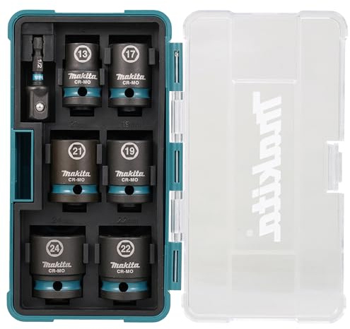 Makita E-16592 Impact Black Schlagnuss-Set 1/2 7-teilig in Aufbewahrungsbox, SW13 - SW24 inkl. Adapter 50 mm 1/4-Sechskant auf 1/2-Vierkant, Chrom-Molybdän, Schlagnüsse 38 mm lang