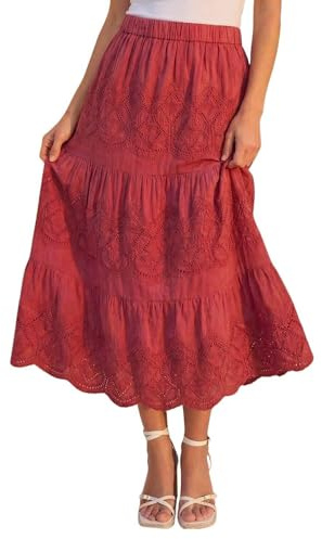 Roman Originals Broderie Tiered Stretch Midi Skirt for Women UK - Ladies Everyday Holiday Spring Summer Comfy Soft Evening Vacation Work Party - Rust - Size 12