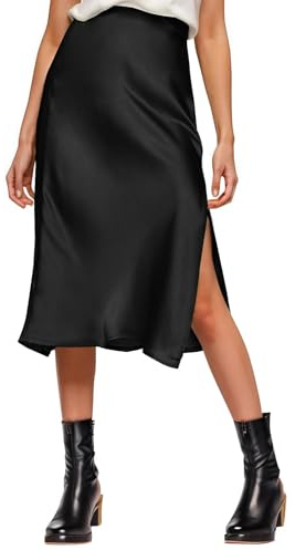 Amy Babe Womens Satin Silk High Waist Slit Midi Skirt Elastic Waistband Midi Skirts for Women Black