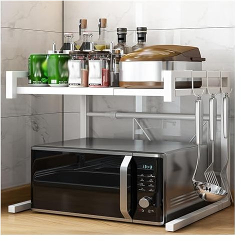 Gestell für Mikrowellenherd, Ausziehbarer Mikrowellenherd-Rack, Mikrowellen-Organisationshalter, horizontal verstellbarer Ofenständer, Toasterregal mit 3 Haken, schwarz, for Mikrowelle(White)