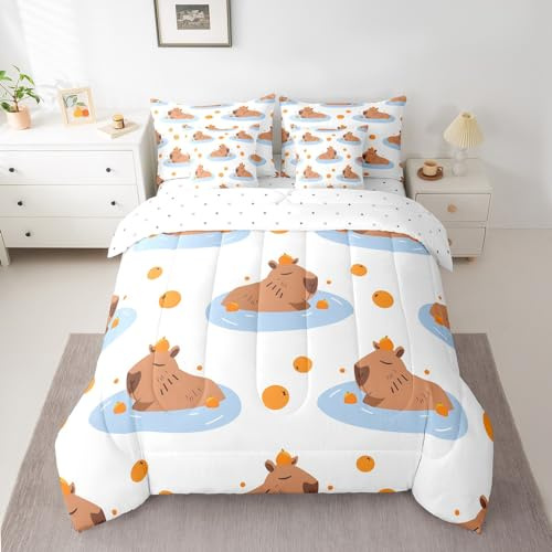 Erosebridal Capybara Bed in a Bag King Size Comforter Set 7 Pieces,Kawaii Wild Animals Bedding Sets Cartoon Beaver Wildlife Lovely Pet Rodents Murine Anima Sheet Set with Comforter