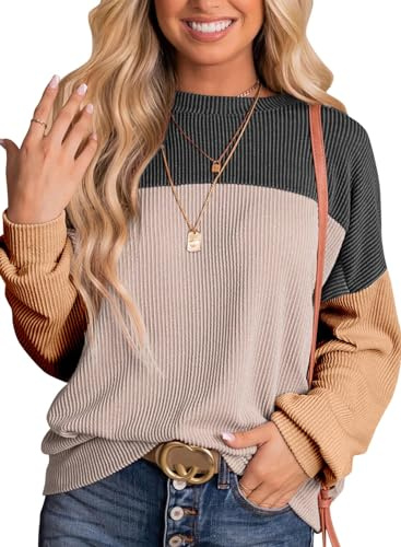 DUOEASE Damtröja höst rund hals oversied sweatshirt färgblock toppar texturerad långärmad tröja, B-Svart, XL