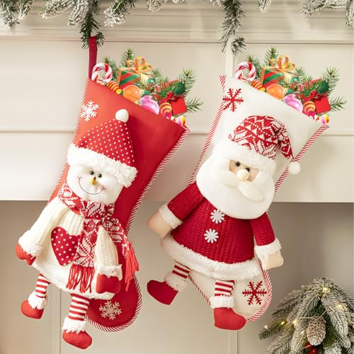 2 Groß Weihnachtsstrumpf, Weihnachtsstrümpfe Personalisiert, Weihnachtssocken Premium, Nikolausstrumpf mit Weihnachtsmann, Schneemann, Nikolausstiefel Zum Befüllen und Aufhängen, 45 * 25cm