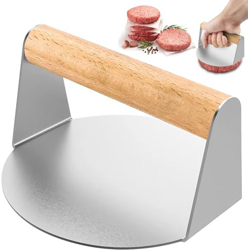 Pressa per hamburger, 5,5 pollici, rotonda, in acciaio inox, con manico resistente al calore, per hamburger, per bistecche, hamburger, pancetta, salsicce, piatto