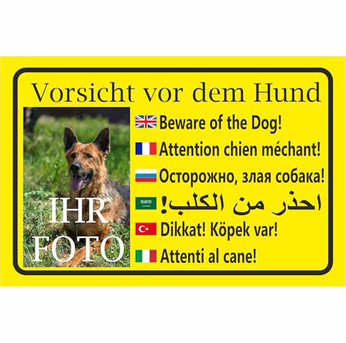 INDIGOS UG - Schild Vorsicht vorn dem Hund - 20x15 cm bis 80x60 cm - mehrsprachig - Aluverbundplatte 3mm - Innen und Außen - UV beständig - Schilder selbst gestalten - Foto