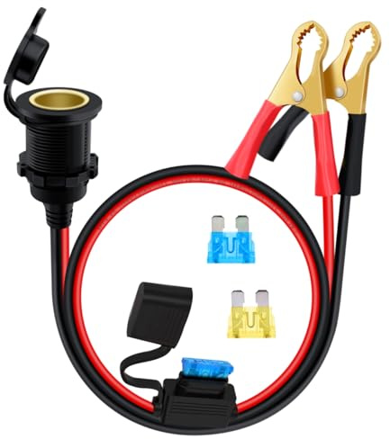 HuaLiSiJi Zigarettenanzünder mit Batterieklemme 12V 24V Zigarettenanzünder Buchse Einbau, Zigarettenanzünder Krokodilklemme mit Sicherung 14AWG 20A für Auto, Boot, Motorrad (Schwarz, 1m)