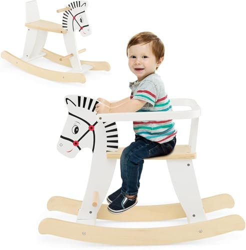 FANTASK Kinder Zebra Schaukelpferd, Schaukelpferd für Baby ab 3 Jahren, Schaukeltier aus Holz mit abnehmbaren Zäunen & Rückenlehne in weiß