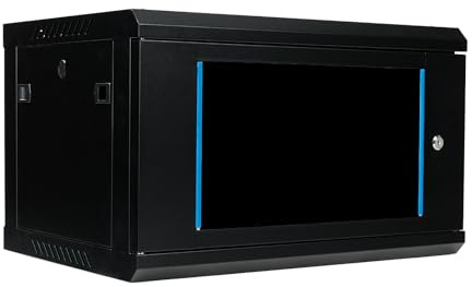 Netzwerkschrank 19 Zoll 6HE I 450 mm Tiefe I Serverschrank Schwarz montiert | Wandmontage I abschließbare Glastür I voll montiert I 100 kg Traglast I 600×450×369 mm (Schwarz - 45cm, 6HE)