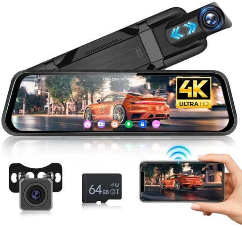 Hodozzy 4K+1080P Spiegel Dashcam 9,66 Zoll Voll-Touchscreen Dual Dash Cam Auto, WiFi & App-Steuerung, Rückspiegelkamera mit Nachtsicht Loop-Aufnahme Parküberwachung ADAS BSD LCA G-Sensor 64G TF-Karte