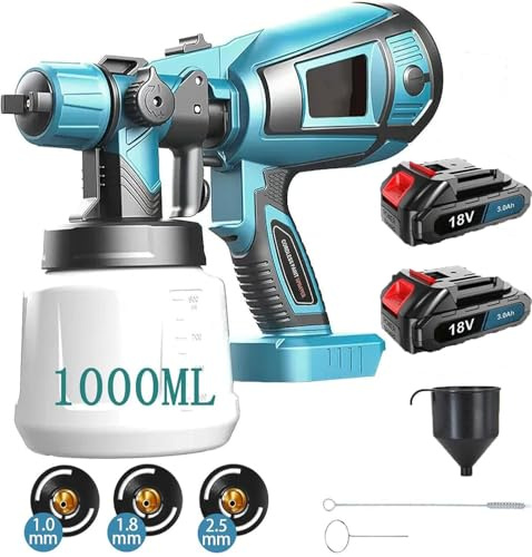 Farbspritzpistole Ersatz für Makita, 1000 ML Farbsprühsystem Wandfarbe mit 3 Düsen(1,0mm, 1,8mm, 2,5mm), Farbsprühgerät Druckluft für Gartenzaun, Wände, Möbel, Decke(2x3000mAh Akku)