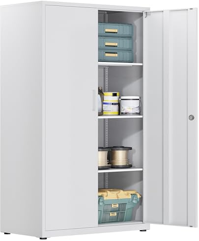 Aktenschrank, abschließbarer Garagenschrank, 4 Ebenen Büroschrank, Werkstattschrank mit verstellbaren Regalen, für Büro, Garage und Hauswirtschaftsraum, weiß