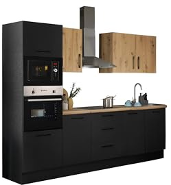 TURIN ZBM Küchenzeile ohne Küchengeräte Küche Artisan Eiche Optik Schwarz | 270 x 211 x 60 cm (B/H/T), Küche ohne Elektrogeräte, Einbauküche ohne Geräte, geräumig, mit viel Stauraum, modernes Design