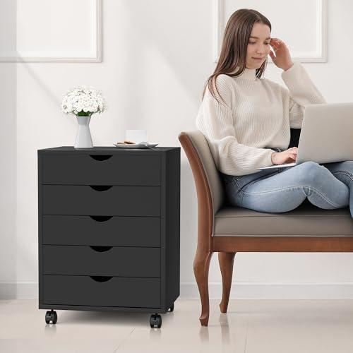 5-Drawer Chest, Office Storage Dresser File Cabinet with Wheels, Mobile Dresser for Home Office, Black
