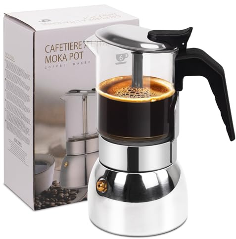 Vaolvpant 6 Cup Glass Clear Moka Pot Thickened 304 Stainless Steel Stovetop Espresso Maker Italian Coffee Machine 300ml 10.6oz Classic Mocha Cafe Greca Coffee Suitable for Gas Induction