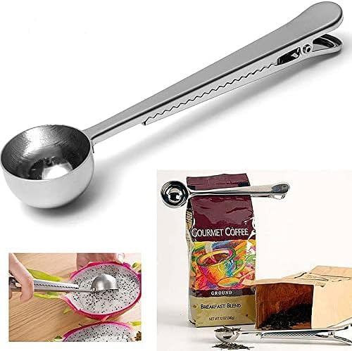 Coffee Scoop with Bag Clip, Stainless Steel Coffee Measuring Spoon Ground Coffee Sealer for Ground Coffee, Granules and Beans (Silver)
