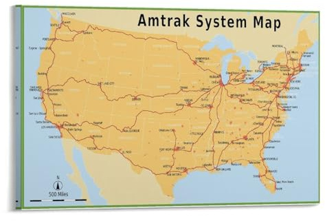 RYUYJGF Amtrak Network Map U.S. United States Rail Railroad Map National System Canvas Poster Wall Art Decor Print Picture Paintings for Living Room Bedroom Decoration 12x18inch(30x45cm)