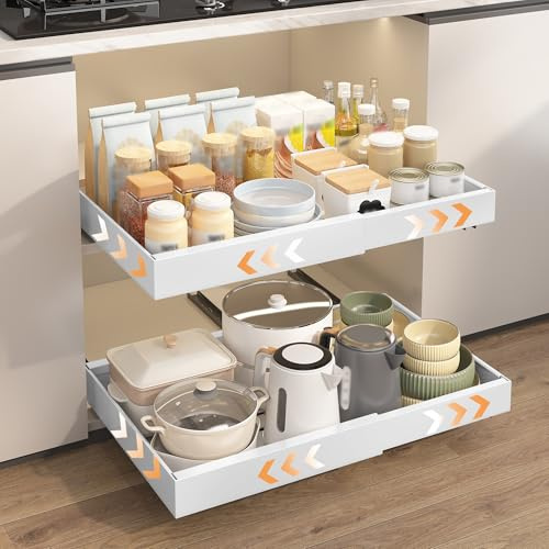 OUUTMEE Lot de 2 Tiroirs Coulissant Cuisine, 32-53x43x7 CM, Blanc