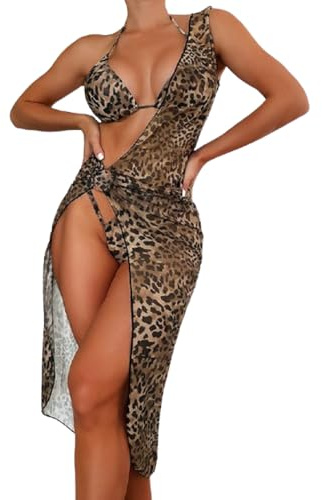 BSLVWG Ensemble de Bikinis 3 pièces pour Femmes avec Couverture Longue Sexy léopard Sling Bikini Top Triangle Maillot de Bain (FR/ES, Alpha/Lettres, S, Taille Normale, Taille Normale, léopard)