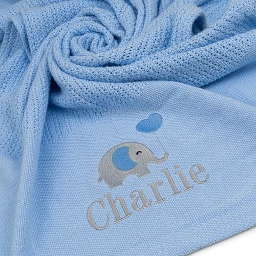 Lobeko Personalised Baby Cellular Blanket 100% Cotton Breathable Summer Swaddle Blanket for Newborn Custom with Name or Name & Elephant 70x105cm Pink, Blue, Grey (Blue)