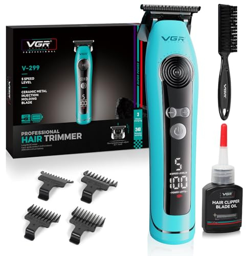 VGR Hårklippare män skäggtrimmare män laddningsbar hårklippare trådlös hårklippningsmaskin professionell precision elektrisk trimmer keramisk metallblad 5 hastigheter kraftfull V-299 (blå)