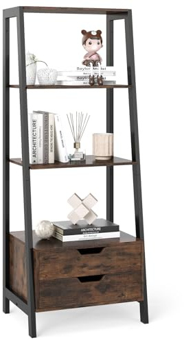COSTWAY Leiterregal freistehend, 134cm Bücherregal mit 4 offenen Regalen und 2 Schubladen, vielseitiges Standregal für Schlafzimmer, Wohnzimmer, Home Office (braun und schwarz)