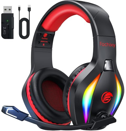 Fachixy FC100 Headset mit Mikrofon, 2,4G Wireless Gaming Headset für PS5, PS4, PC, Switch, Mac, Surround Sound Bluetooth Gaming Kopfhörer kabellos mit LED Licht, Über 50 Stunden Akkulaufzeit