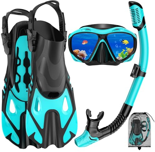 Snorkeling Gear for Adults, Mask Fin Snorkel Set, Dry Top Snorkel Mask, Panoramic View Anti-Leak Anti-Fog 3 in 1 Snorkeling Kit Travel Diving Package with Storage Bag