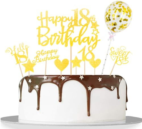 Catelves Tårtdekoration 18. Födelsedag pojke flicka, 10 st glitter tårta topper 18 födelsedag dekoration Glod, Happy 18-årsdag tårtdekoration, söt 18 tårtor dekoration, Hello 18 cupcake topper 18 år