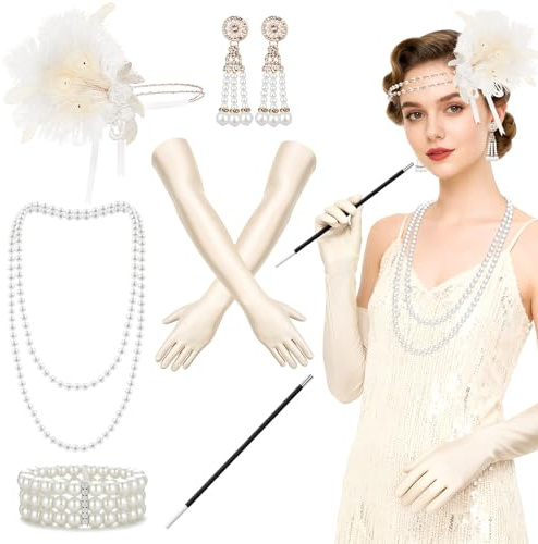 Oerphh 1920s 20er Jahre Great Gatsby Kostüm Zubehör Damen Accessoires Vintage Kostümzubehör mit Federstirnband Ohrringe Armband Handschuhe Halskette für Karneval Halloween