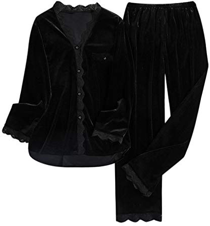 Pigiama da donna in flanella, in pile, in mussola, tinta unita, in velluto oro ispessito, in due pezzi, con maniche lunghe aperte, cardigan e set pantaloni da notte, O nero., L