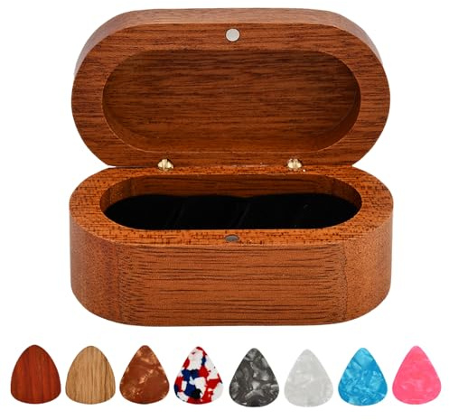 Guitar Pick Holder Set, Wooden Guitar Pick Case Mini Jewelry Box with 2 Wood Picks and 6 Celluloid Plectrums (3 Thicknesses), Music Accessories Gifts for Bass-Guitar Lover Player(COLOR:Brown)